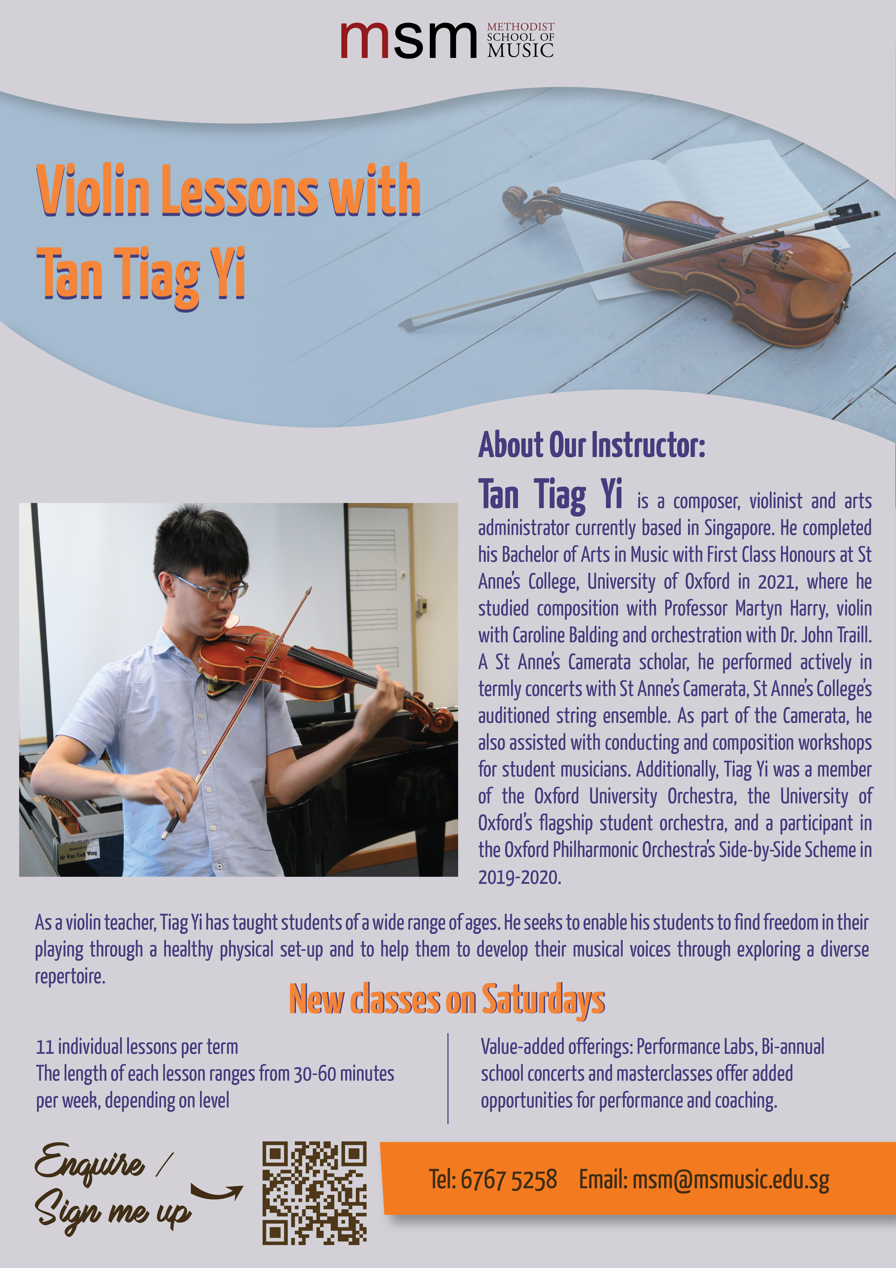 New violin classes on Saturdays with Mr Tan Tiag Yi